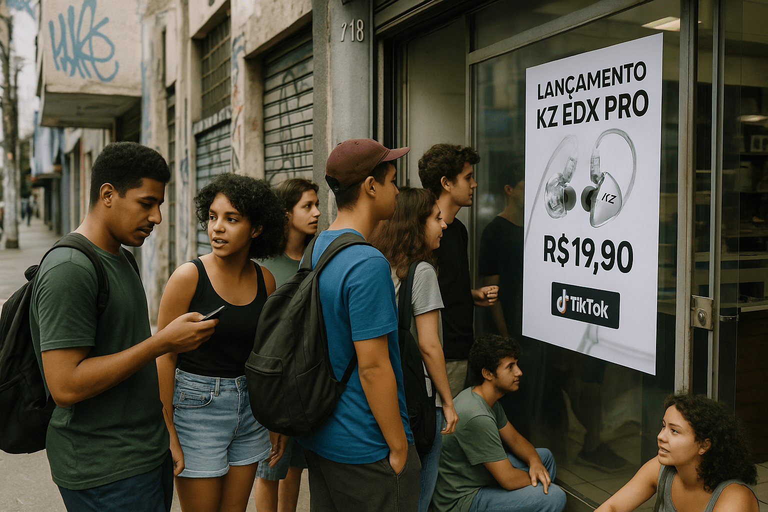 Jovens fazendo fila para comprar fone KZ EDX Pro